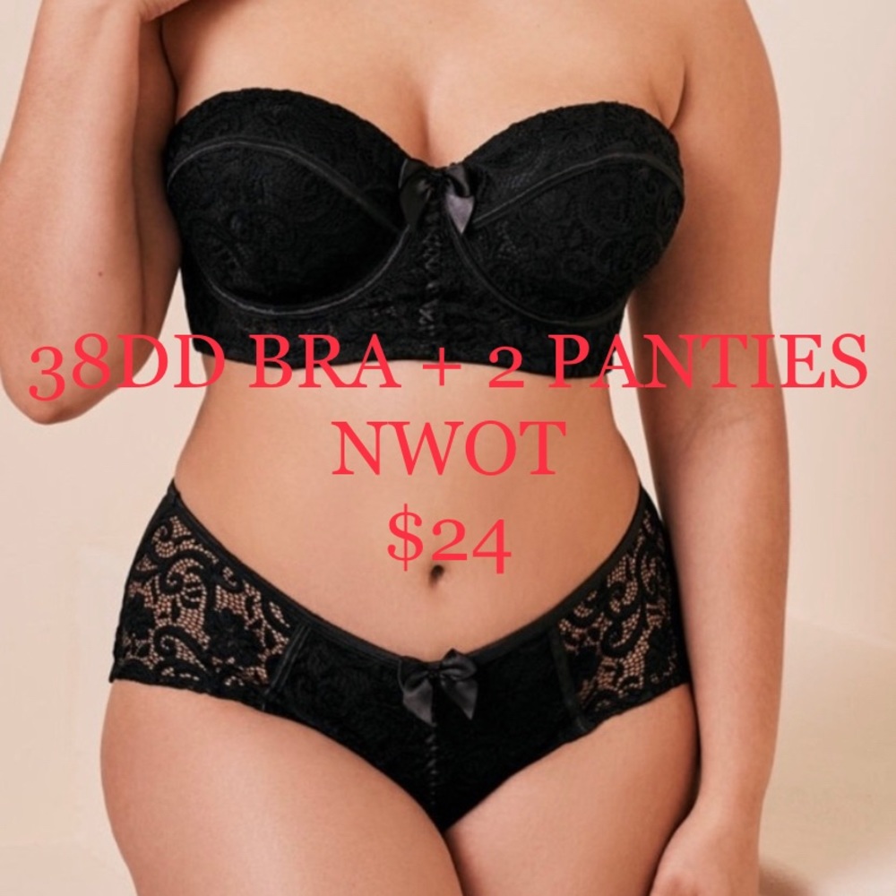 NWOT Adore Me 38DD Black convertible balconette bra & TWO panties size OX